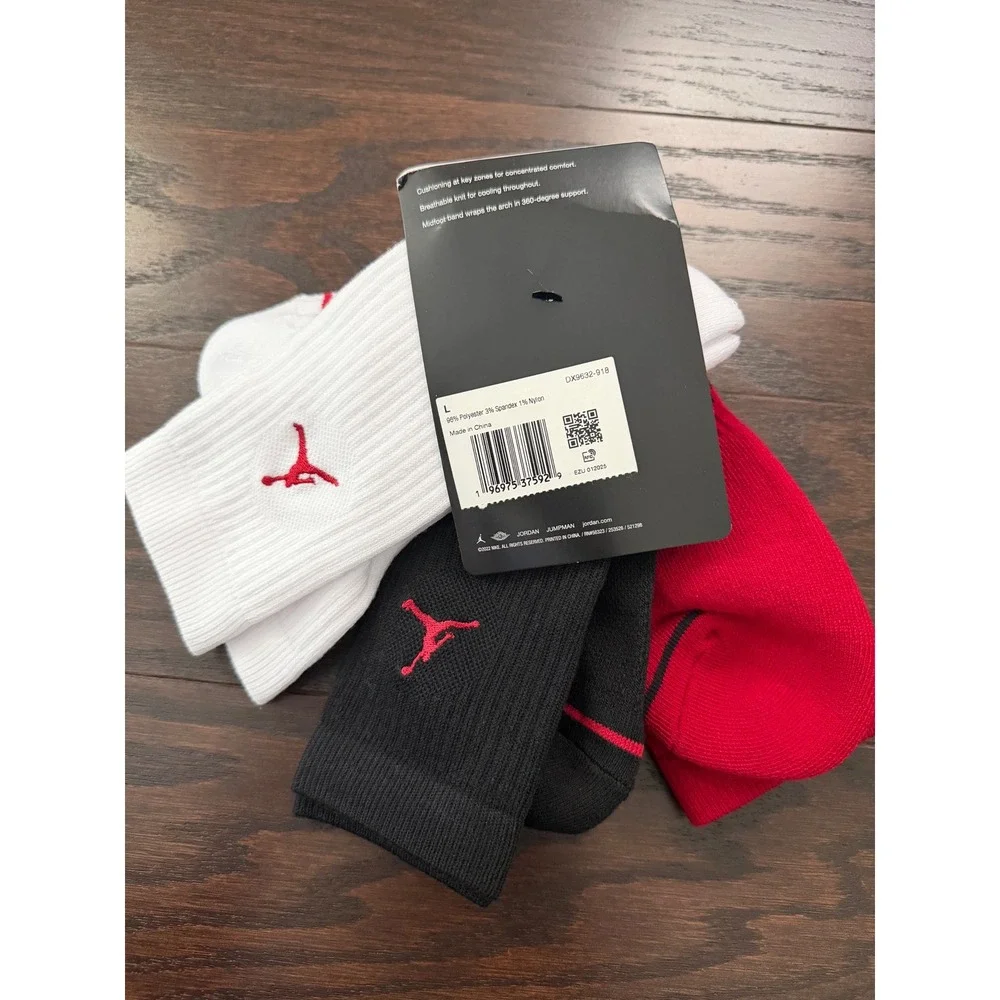Jordan Everyday Crew Socks 3-Pack Red Black White Dri-FIT Men 8-12 DX9632-918 - Picture 4 of 4